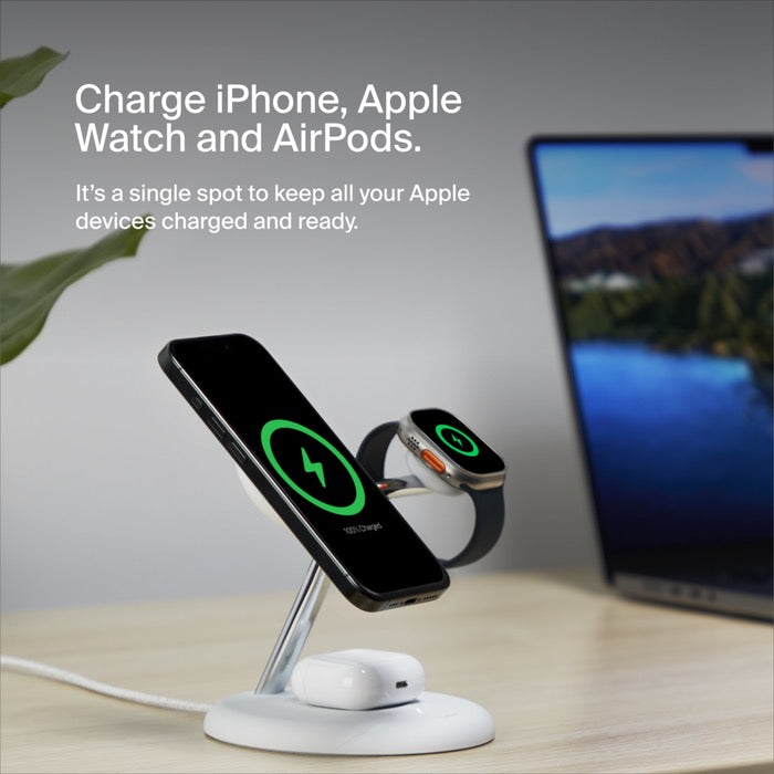 MagSafe bezdrátový nabíjecí stojan Belkin BoostCharge Pro 3in1 s Qi2 - bílý - iSTYLE CZ