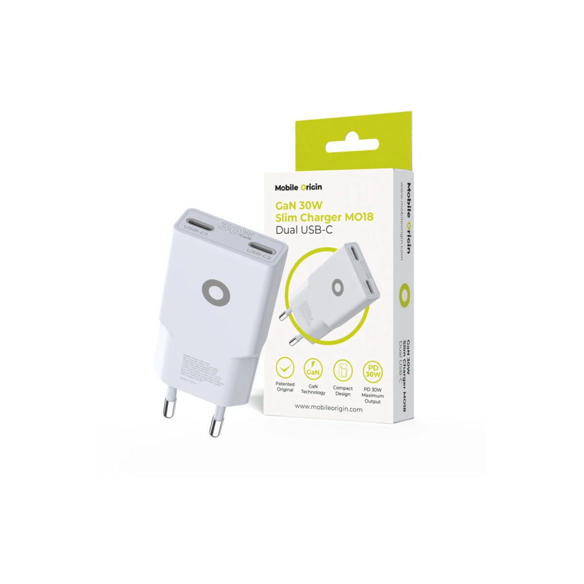 30W adaptér Mobile Origin GaN Slim Charger MO18 - bílý - iSTYLE CZ