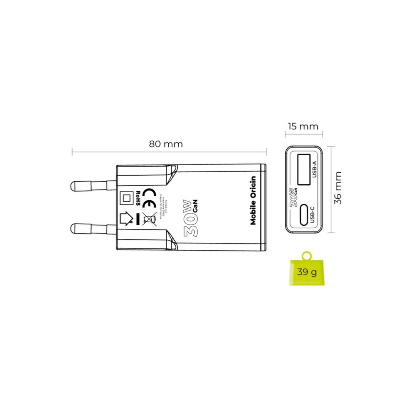 30W adaptér Mobile Origin GaN Slim Charger MO16 - bílý - iSTYLE CZ