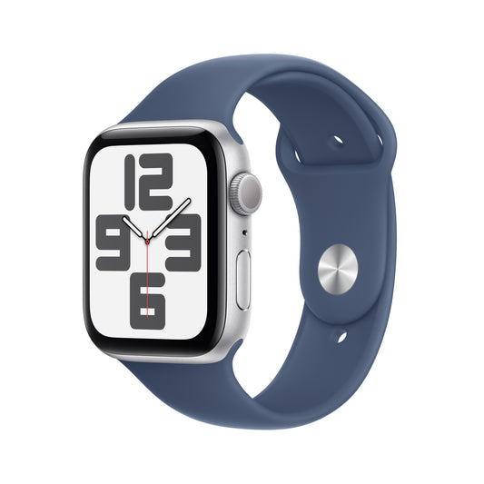 Apple Watch SE GPS 40mm stříbrné hliníkové pouzdro s denimovým sportovním řemínkem - S/M