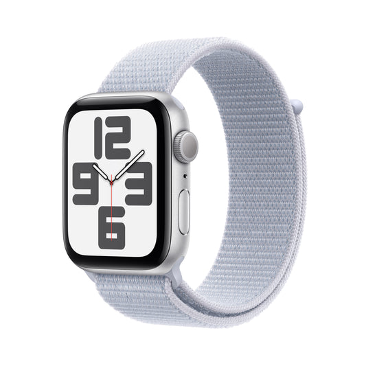 Apple Watch SE GPS 40mm stříbrné hliníkové pouzdro s oblačně modrým provlékacím sportovním řemínkem