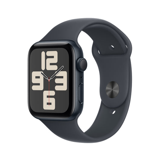 Apple Watch SE GPS 44mm temně ikoustové hliníkové pouzdro s temně inkoustovým sportovním řemínkem - S/M