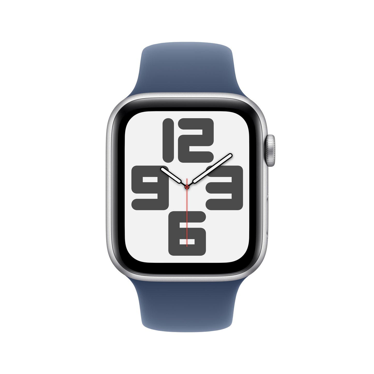 Apple Watch SE GPS 44mm stříbrné hliníkové pouzdro s denimovým sportovním řemínkem - S/M