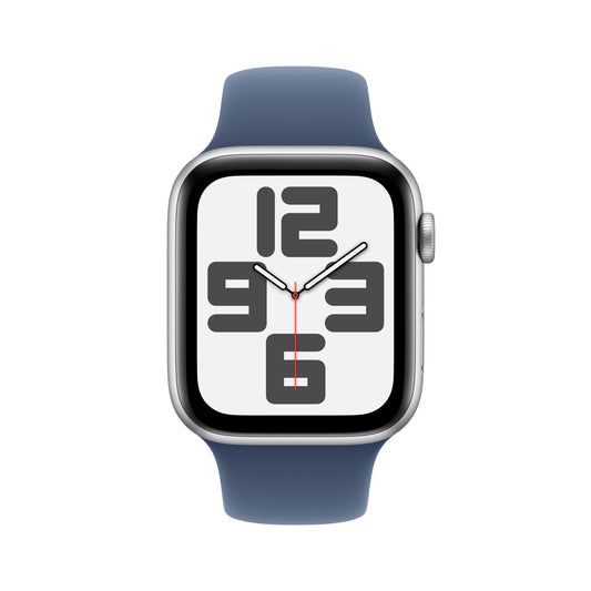 Apple Watch SE GPS 44mm stříbrné hliníkové pouzdro s denimovým sportovním řemínkem - M/L