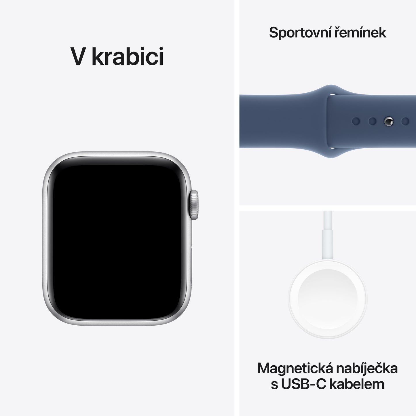 Apple Watch SE GPS 44mm stříbrné hliníkové pouzdro s denimovým sportovním řemínkem - S/M