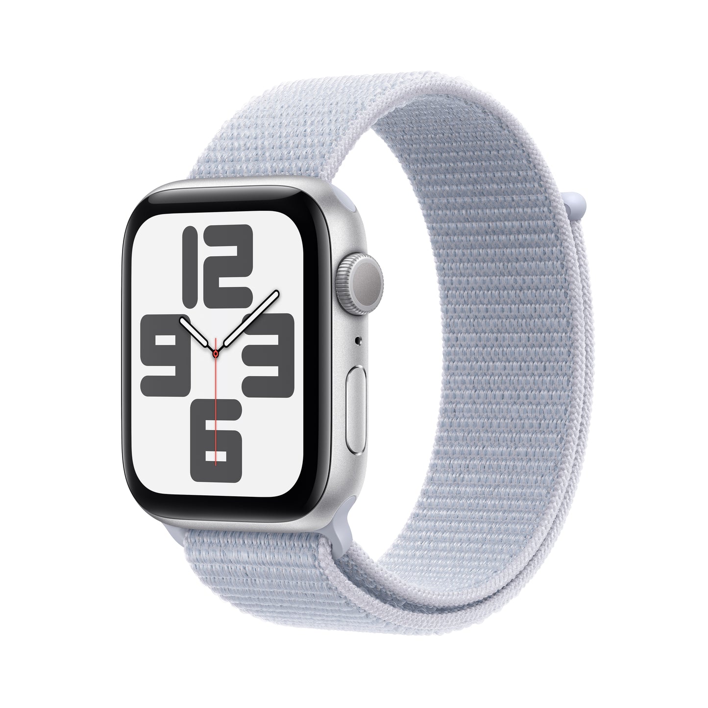 Apple Watch SE GPS 44mm stříbrné hliníkové pouzdro s oblačně modrým provlékacím sportovním řemínkem