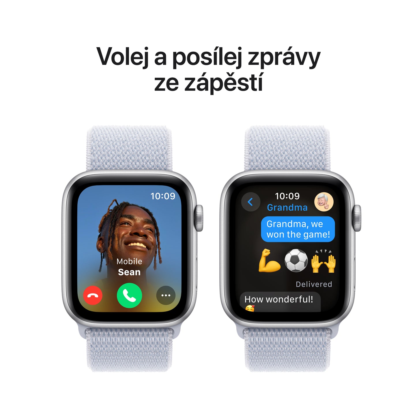 Apple Watch SE GPS 44mm stříbrné hliníkové pouzdro s oblačně modrým provlékacím sportovním řemínkem