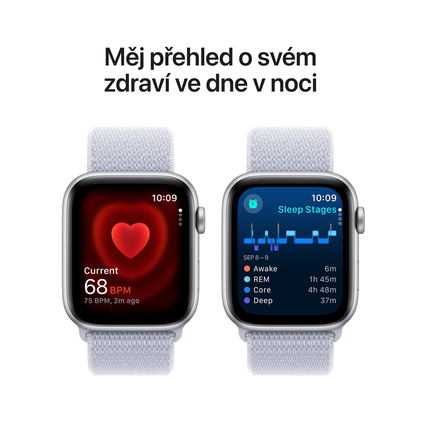 Apple Watch SE GPS 44mm stříbrné hliníkové pouzdro s oblačně modrým provlékacím sportovním řemínkem