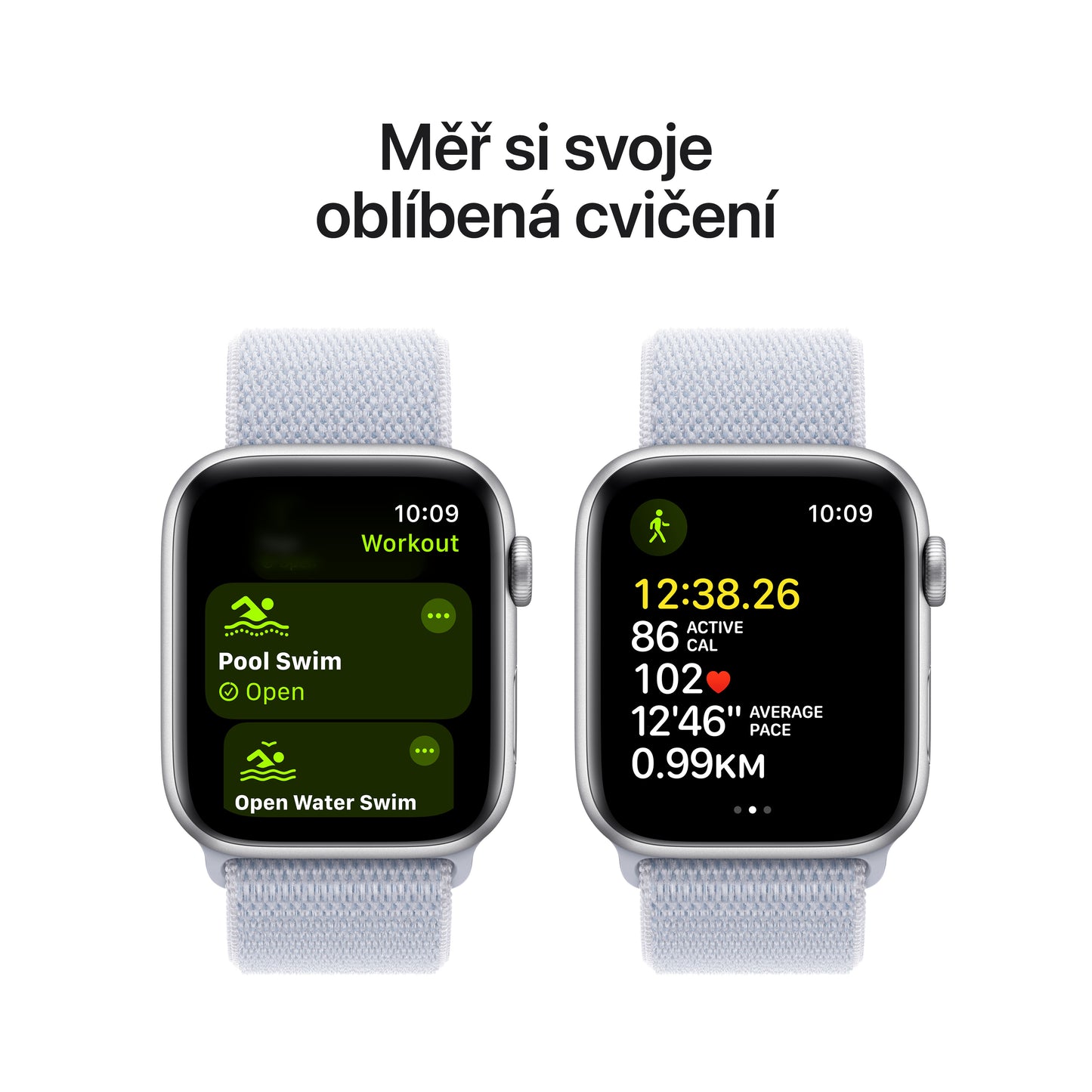 Apple Watch SE GPS 44mm stříbrné hliníkové pouzdro s oblačně modrým provlékacím sportovním řemínkem