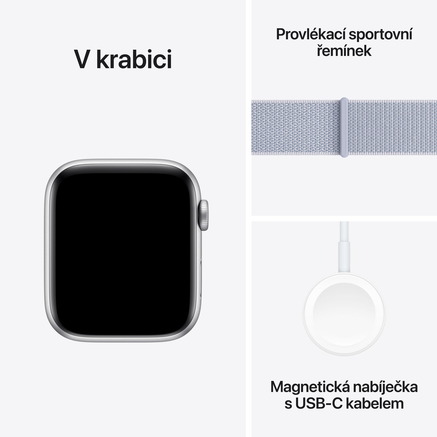 Apple Watch SE GPS 44mm stříbrné hliníkové pouzdro s oblačně modrým provlékacím sportovním řemínkem