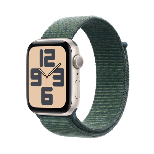 Apple Watch SE GPS 44mm hvězdně bílé hliníkové pouzdro s jezerně zeleným provlékacím sportovním řemínkem