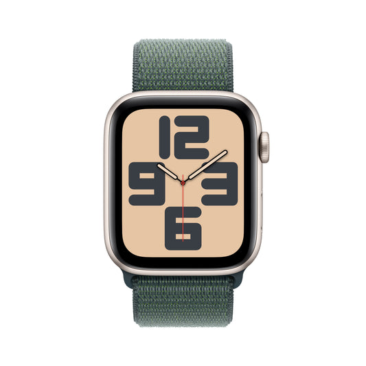 Apple Watch SE GPS 44mm hvězdně bílé hliníkové pouzdro s jezerně zeleným provlékacím sportovním řemínkem