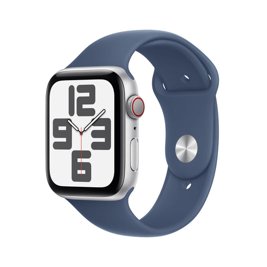 Apple Watch SE GPS + Cellular 44mm stříbrné hliníkové pouzdro s denimovým sportovním řemínkem - S/M