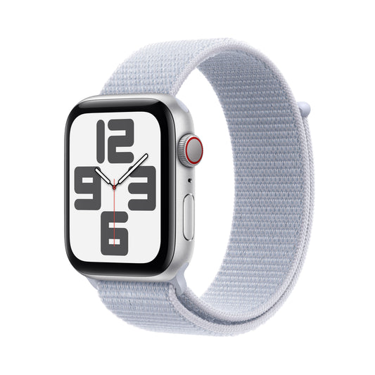 Apple Watch SE GPS + Cellular 44mm stříbrné hliníkové pouzdro s oblačně modrým provlékacím sportovním řemínkem