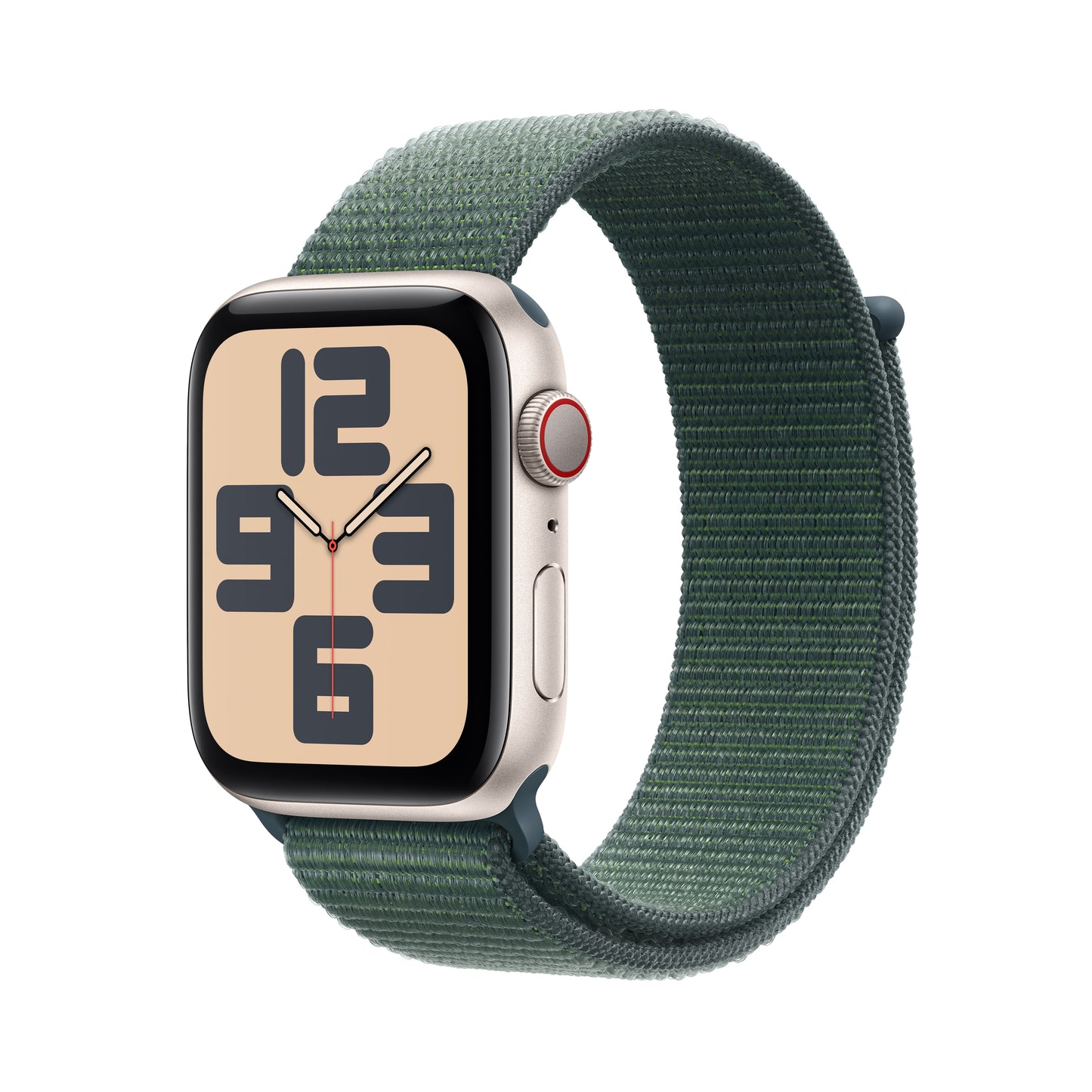 Apple Watch SE GPS + Cellular 44mm hvězdně bílé hliníkové pouzdro s jezerně zeleným provlékacím sportovním řemínkem
