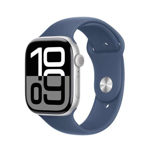 Apple Watch Series 10 GPS 42mm stříbné hliníkové pouzdro s denimovým sportovním řemínkem - S/M