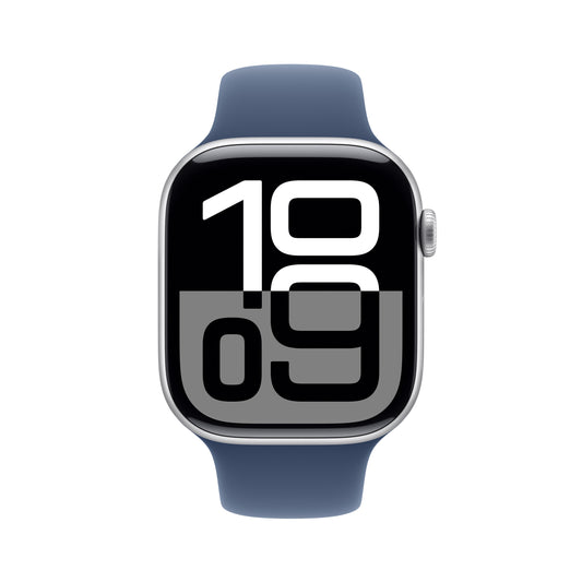 Apple Watch Series 10 GPS 42mm stříbné hliníkové pouzdro s denimovým sportovním řemínkem - S/M