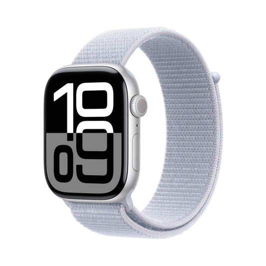 Apple Watch Series 10 GPS + Cellular 42mm stříbné hliníkové pouzdro s oblačně modrým provlékacím sportovním řemínkem