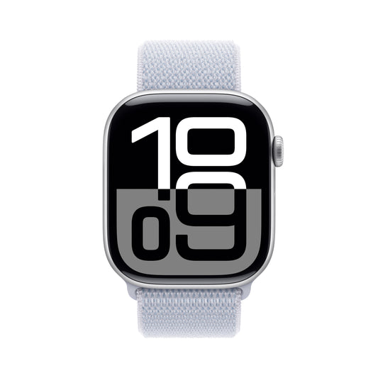 Apple Watch Series 10 GPS + Cellular 42mm stříbné hliníkové pouzdro s oblačně modrým provlékacím sportovním řemínkem