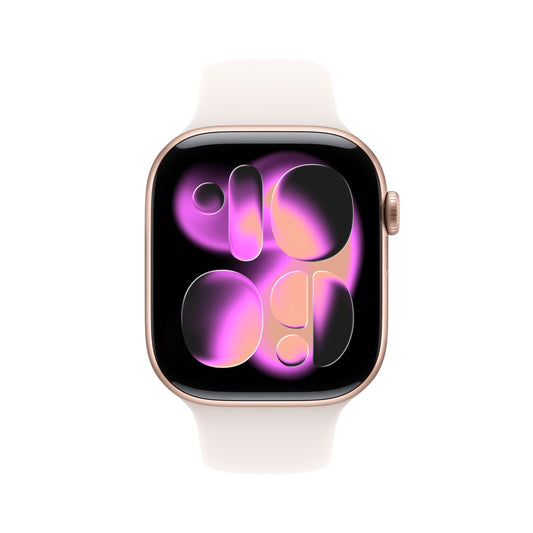Apple Watch Series 11 GPS 46mm růžově zlaté hliníkové pouzdro se světle ruměným sportovním řemínkem - M/L (otevřený) - iSTYLE.cz