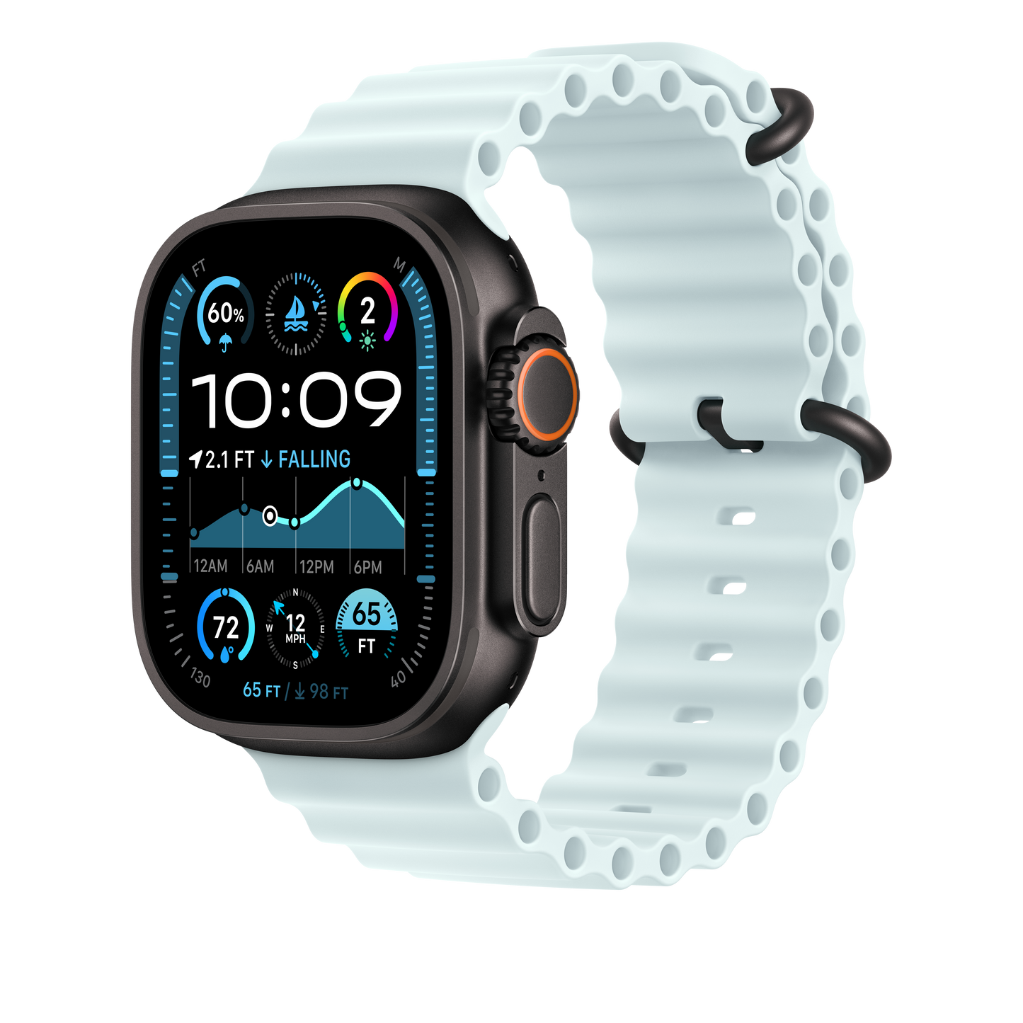 Apple Watch 44/45/46/49mm ledově modrý Oceánský řemínek – provedení z černého titanu - iSTYLE CZ