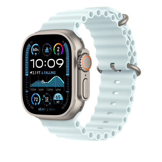 Apple Watch 44/45/46/49mm ledově modré prodloužení Oceánského řemínku – provedení z přírodního titanu - iSTYLE CZ