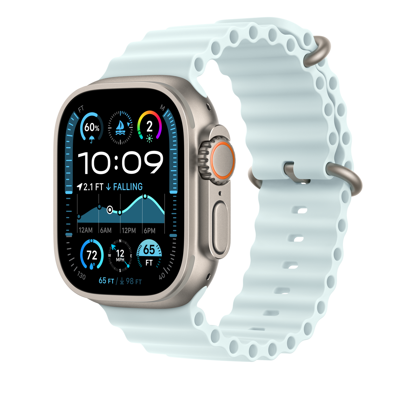 Apple Watch 44/45/46/49mm ledově modrý Oceánský řemínek – provedení z přírodního titanu - iSTYLE CZ