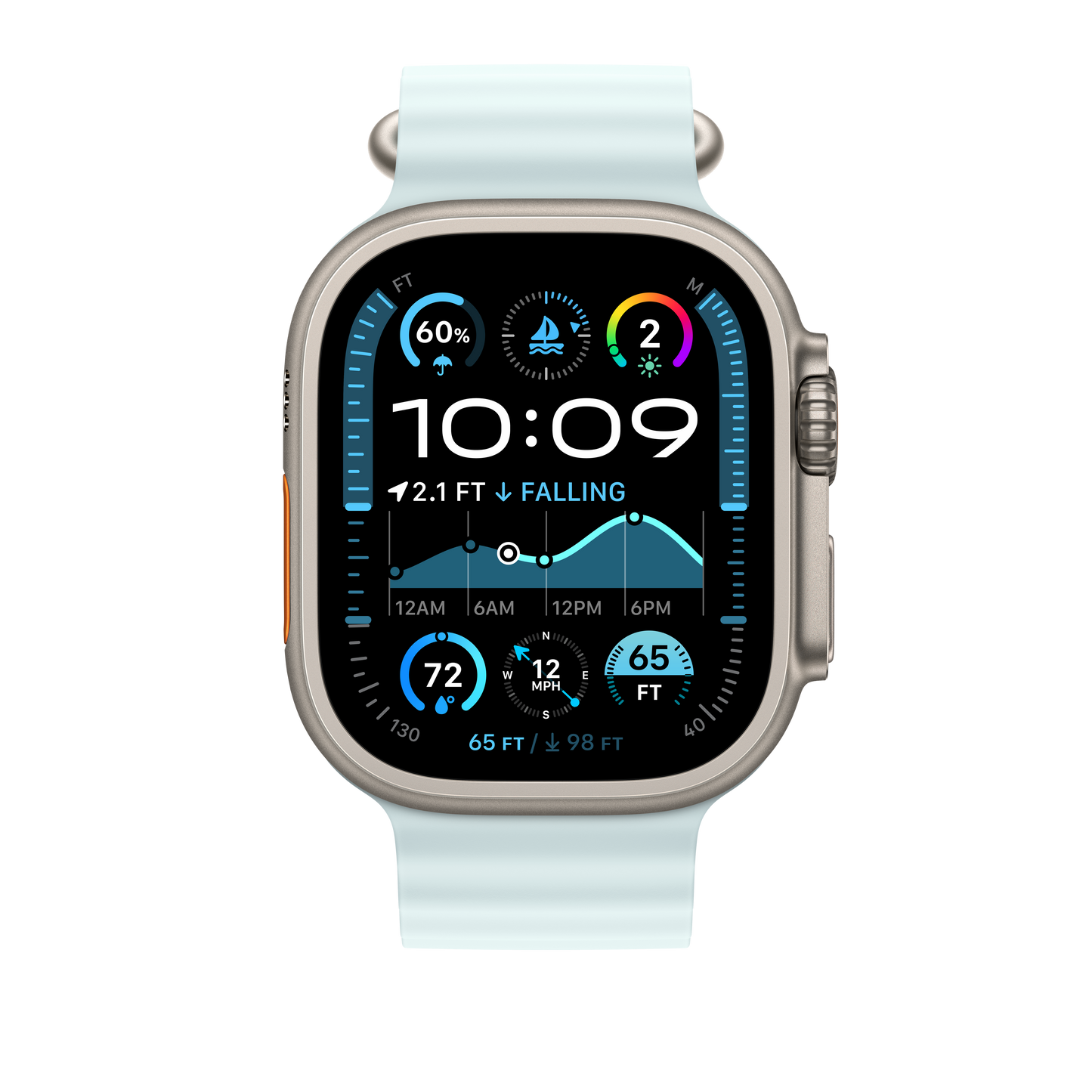 Apple Watch 44/45/46/49mm ledově modrý Oceánský řemínek – provedení z přírodního titanu - iSTYLE CZ