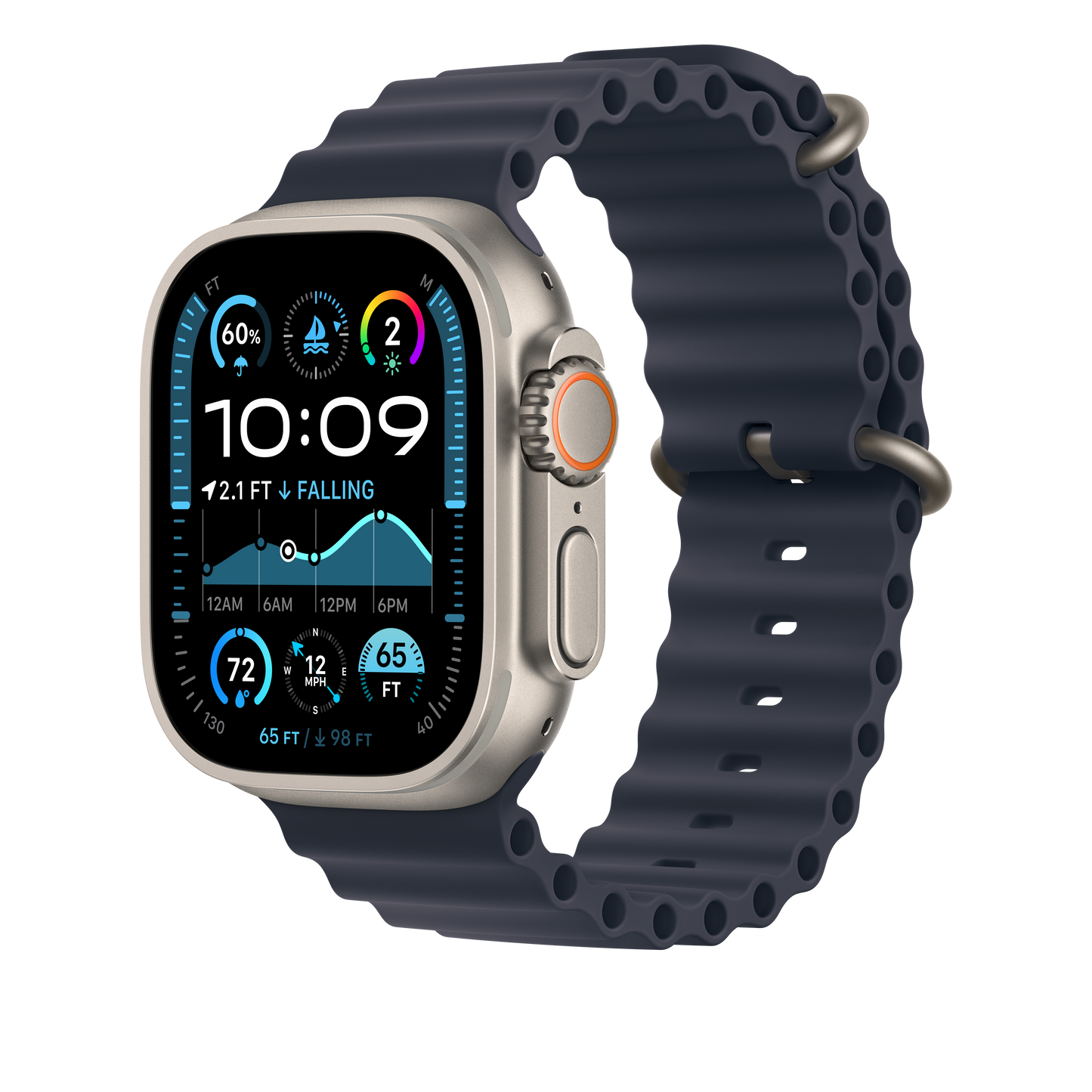 Apple Watch 44/45/46/49mm námořnicky modrý Oceánský řemínek – provedení z přírodního titanu - iSTYLE CZ