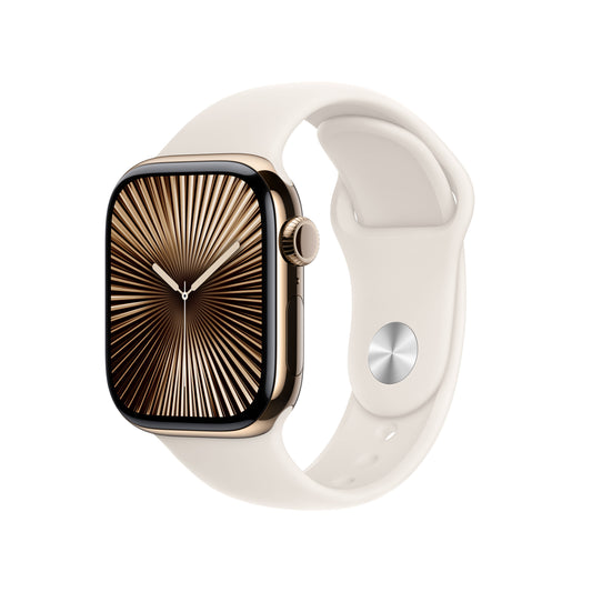 Apple Watch Series 10 GPS + Cellular 42mm zlaté titanové pouzdro s hvězdně bílým sportovním řemínkem - S/M - iSTYLE CZ