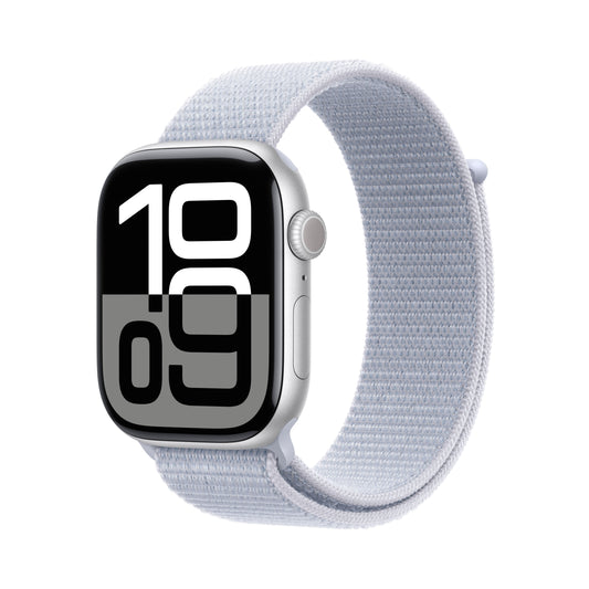 Apple Watch Series 10 GPS 46mm stříbné hliníkové pouzdro s oblačně modrým provlékacím sportovním řemínkem (otevřený) - iSTYLE CZ