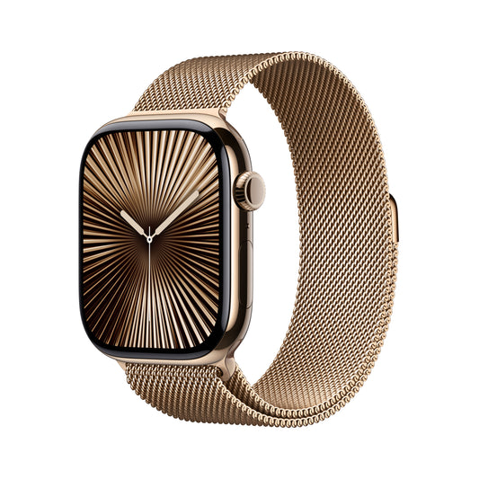 Apple Watch Series 10 GPS + Cellular 46mm zlaté titanové pouzdro se zlatým milánským tahem - S/M (otevřený) - iSTYLE CZ
