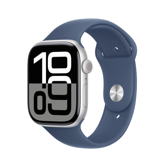 Apple Watch Series 10 GPS + Cellular 46mm stříbné hliníkové pouzdro s denimovým sportovním řemínkem - S/M - iSTYLE CZ