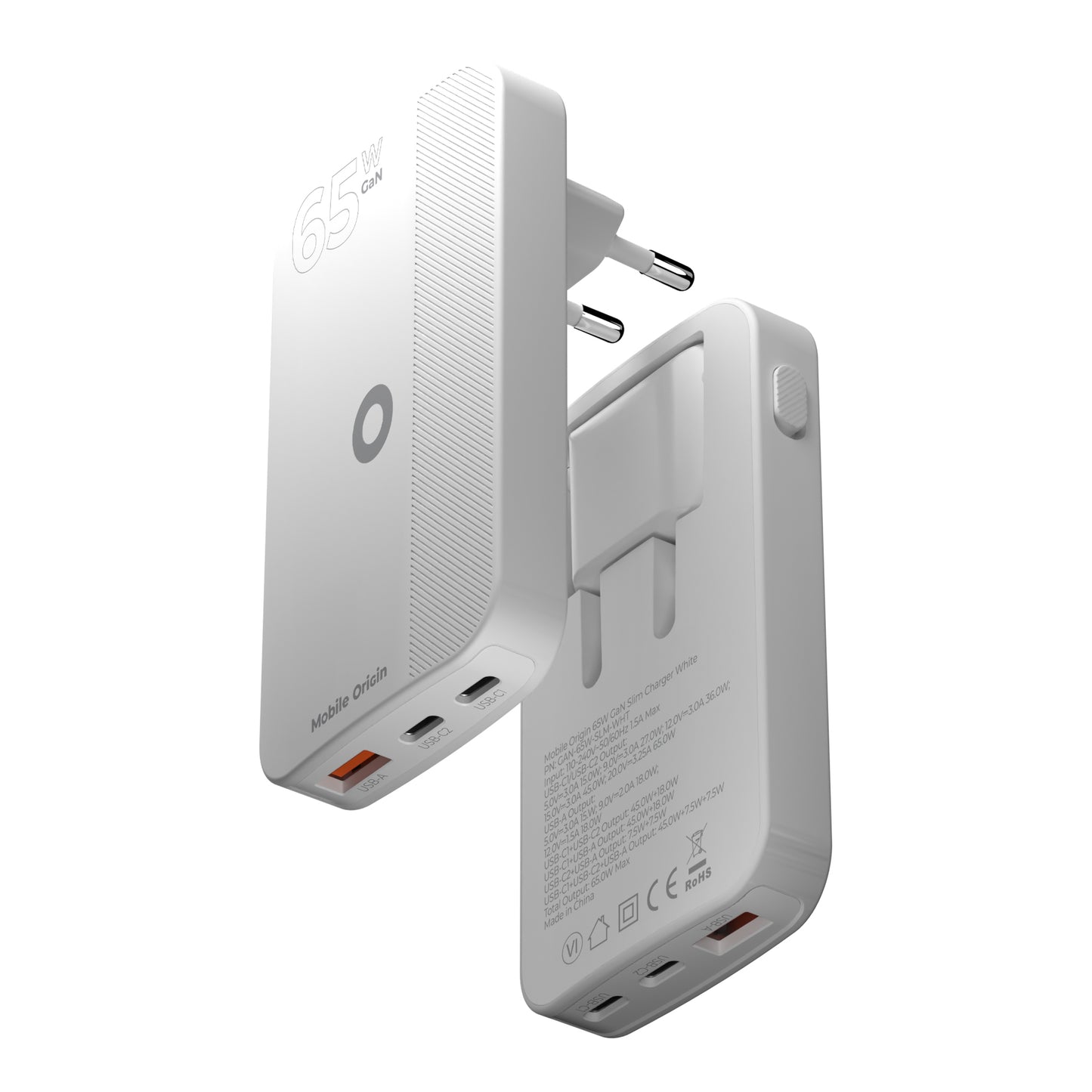 Mobile Origin 65W GaN III Slim Charger dual USB-C, Single USB-A white