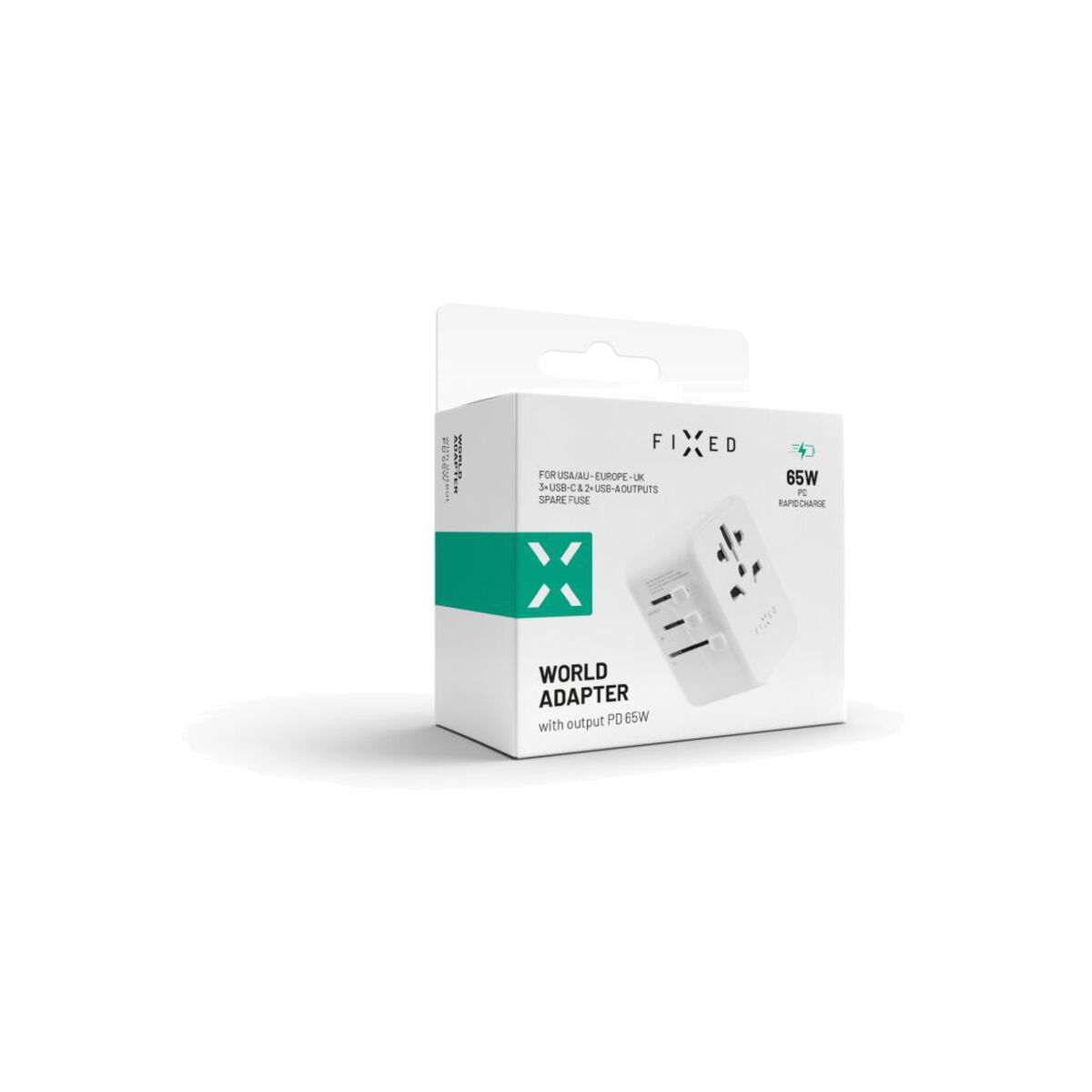 65W cestovní adaptér FIXED Voyager GaN (EU, UK, USA, AUS) - bílý - iSTYLE CZ