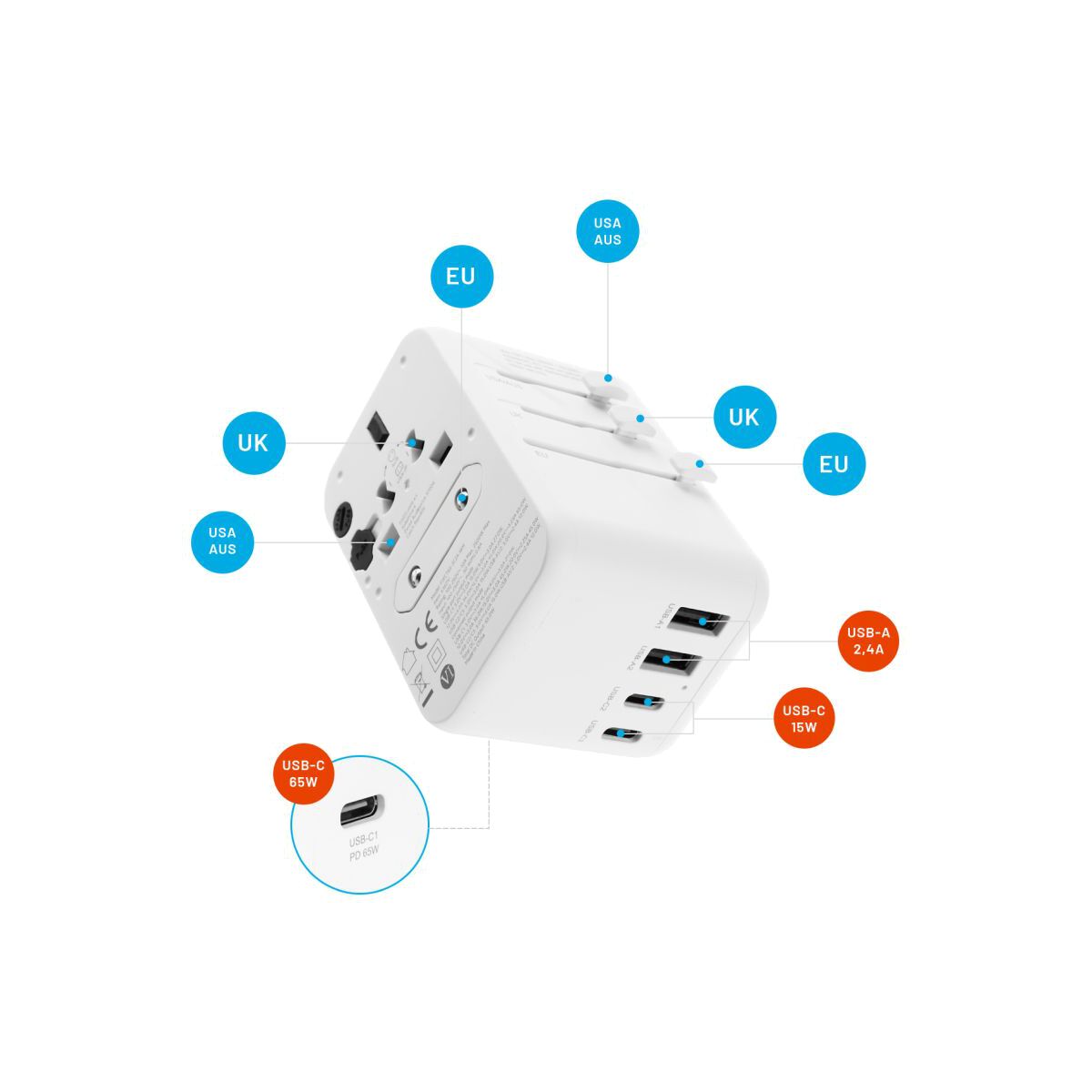 65W cestovní adaptér FIXED Voyager GaN (EU, UK, USA, AUS) - bílý - iSTYLE CZ
