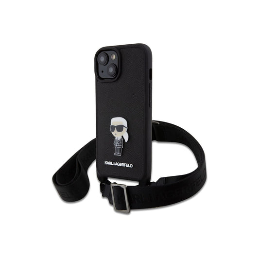 Kryt s popruhem přes rameno pro iPhone 15 Karl Lagerfeld Saffiano Crossbody Metal Ikonik - černý - iSTYLE CZ