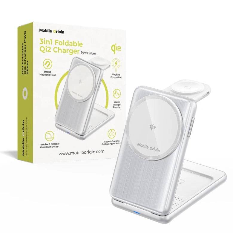 Bezdrátová nabíječka Mobile Origin 3in1 Foldable Qi2 Charger PW8 - stříbrná