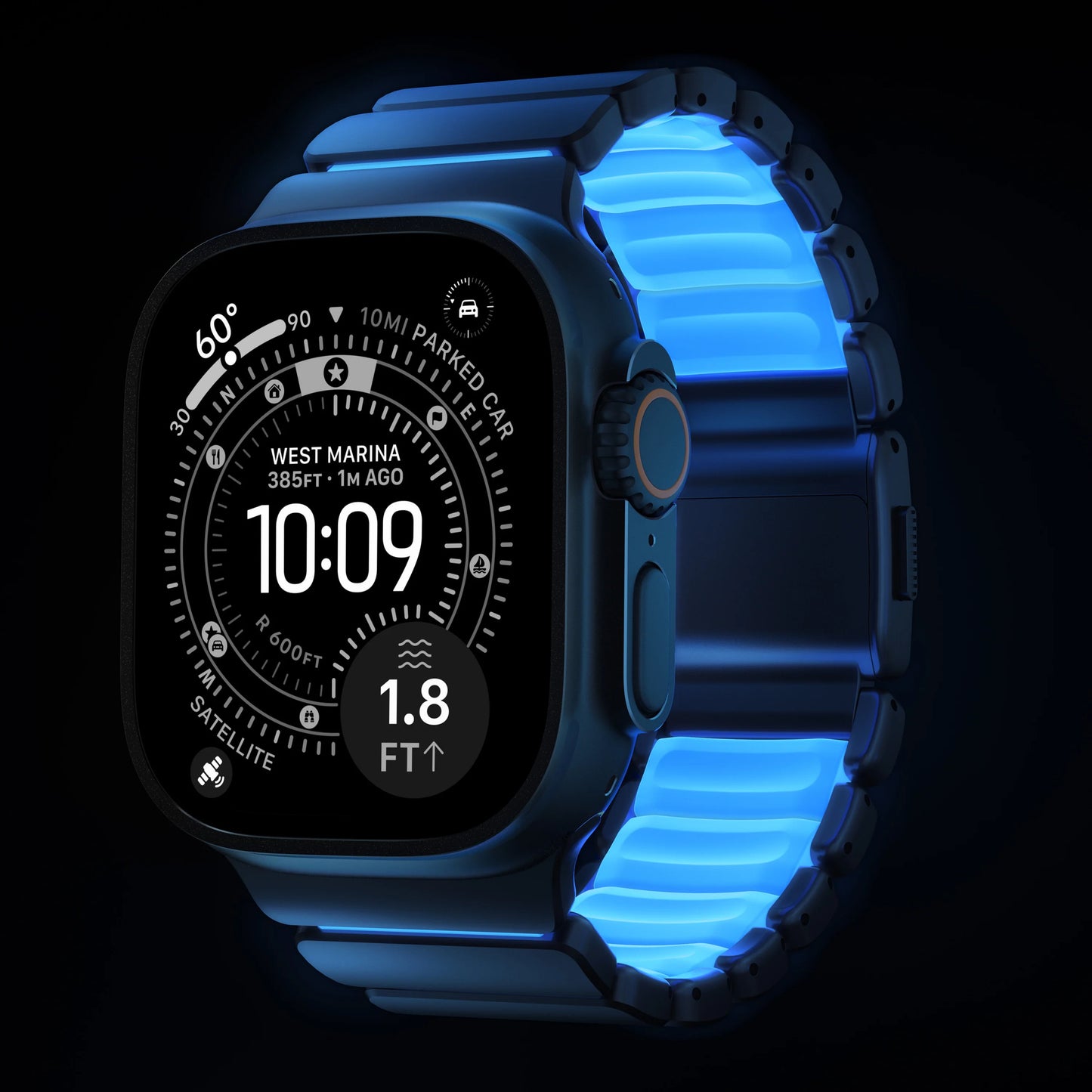 Řemínek pro Apple Watch 45/46/49 mm Nomad Stratos Natural Titanium FKM - Icy Blue Glow