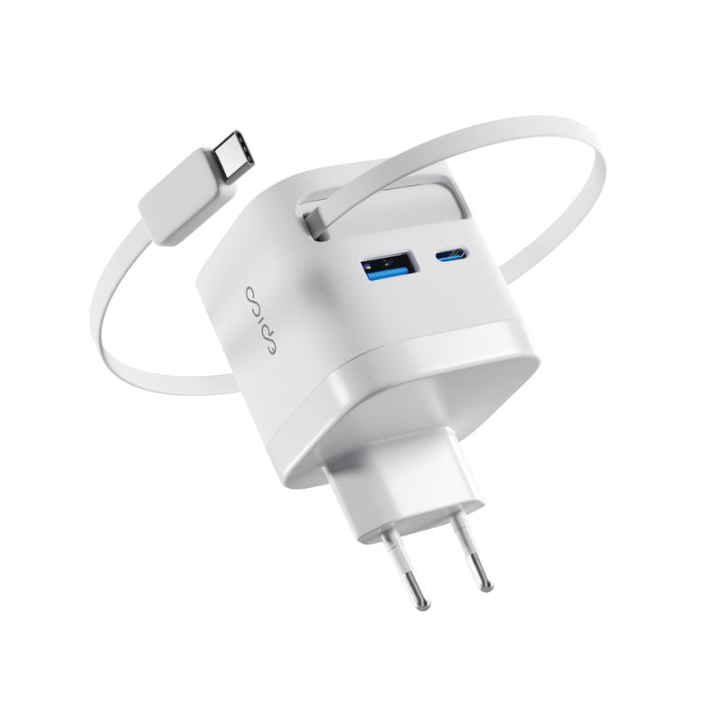 EPICO ULTRABOOST RETRACTABLE GAN 65W SÍŤOVÝ ADAPTÉR EA65C | SE ZABUDOVANÝM KABELEM | BÍLÁ | TŘI VÝSTUPY - iSTYLE.cz