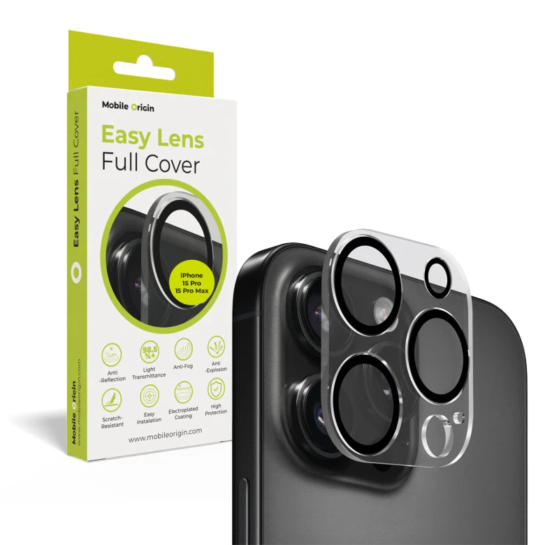 Sklo na fotoaparát pro iPhone 15 Pro / 15 Pro Max Mobile Origin Easy Lens Full Cover - průhledné - iSTYLE.cz