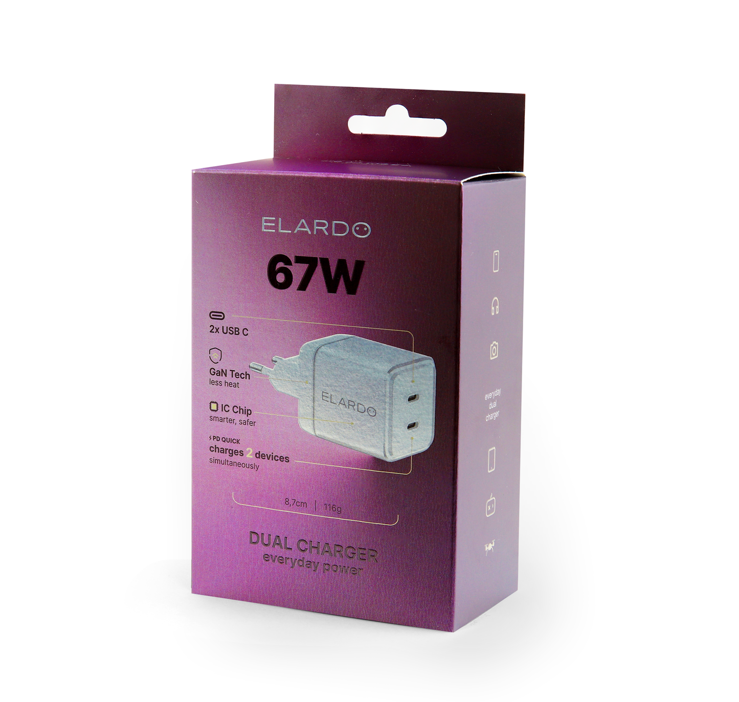 Výkonná duální USB-C nabíječka ELARDO Everyday Charger 67W GaN