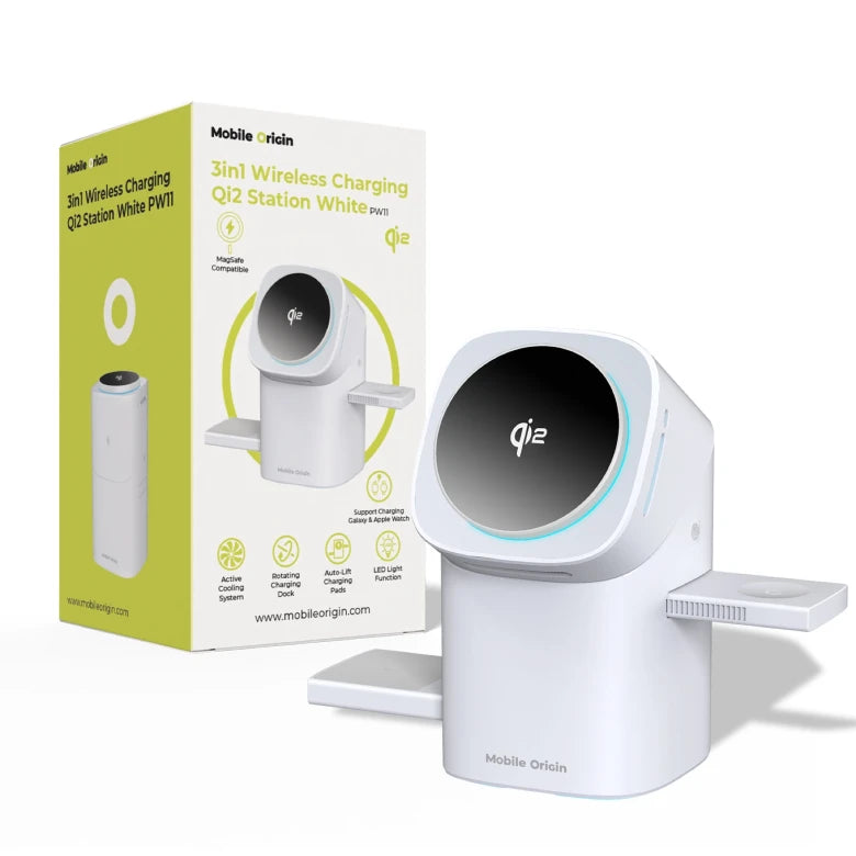 Bezdrátová nabíječka Mobile Origin 3in1 Wireless Charging Qi2 Station PW11 - bílá - iSTYLE.cz