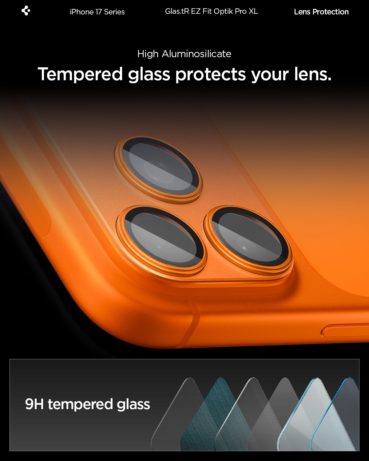 Sklo na fotoaparát pro iPhone 17 Pro Spigen Glass tR EZ Fit Optik Pro XL - oranžové