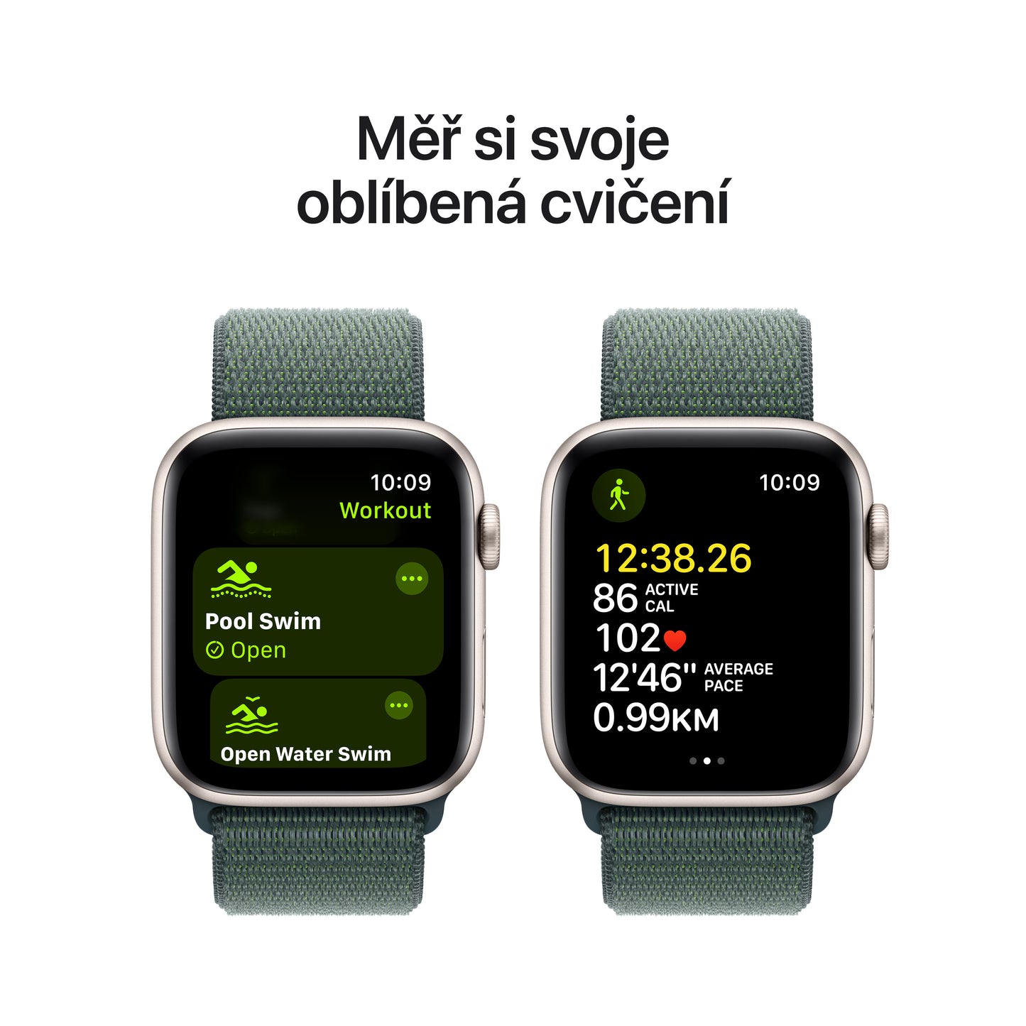 Apple Watch SE GPS 40mm hvězdně bílé hliníkové pouzdro s jezerně zeleným provlékacím sportovním řemínkem