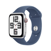 Apple Watch SE GPS + Cellular 44mm stříbrné hliníkové pouzdro s denimovým sportovním řemínkem - S/M