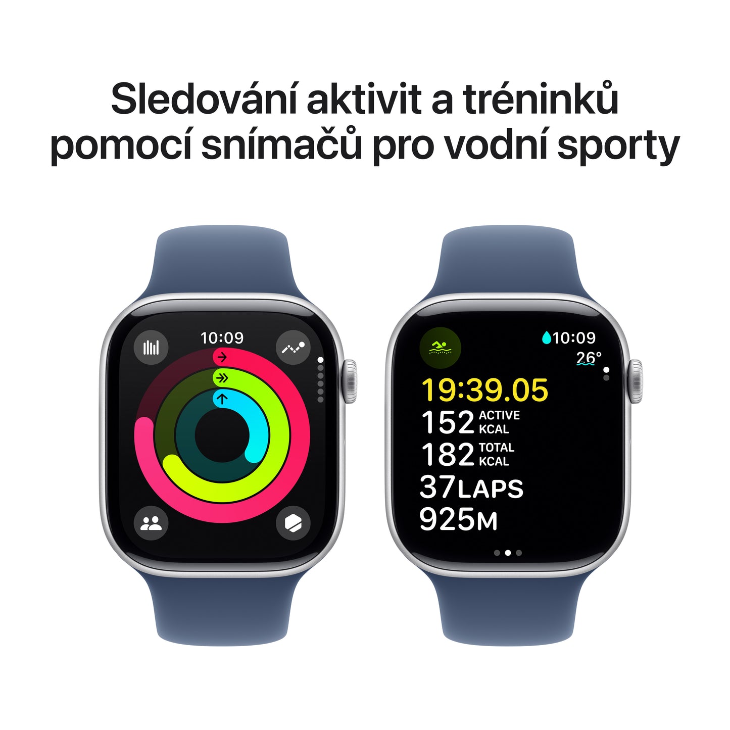 Apple Watch Series 10 GPS 46mm stříbné hliníkové pouzdro s denimovým sportovním řemínkem - S/M
