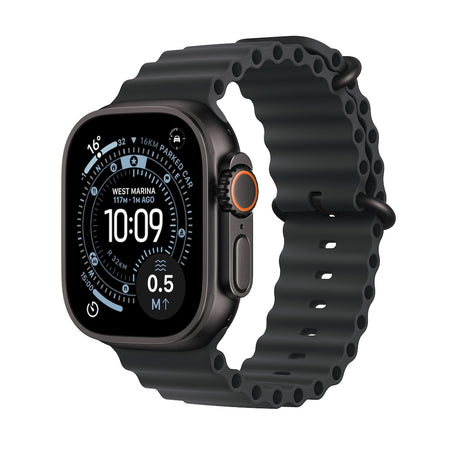 Apple Watch Ultra 3 GPS + Cellular 49mm černě titanové pouzdro s černým oceánským řemínkem (otevřený)