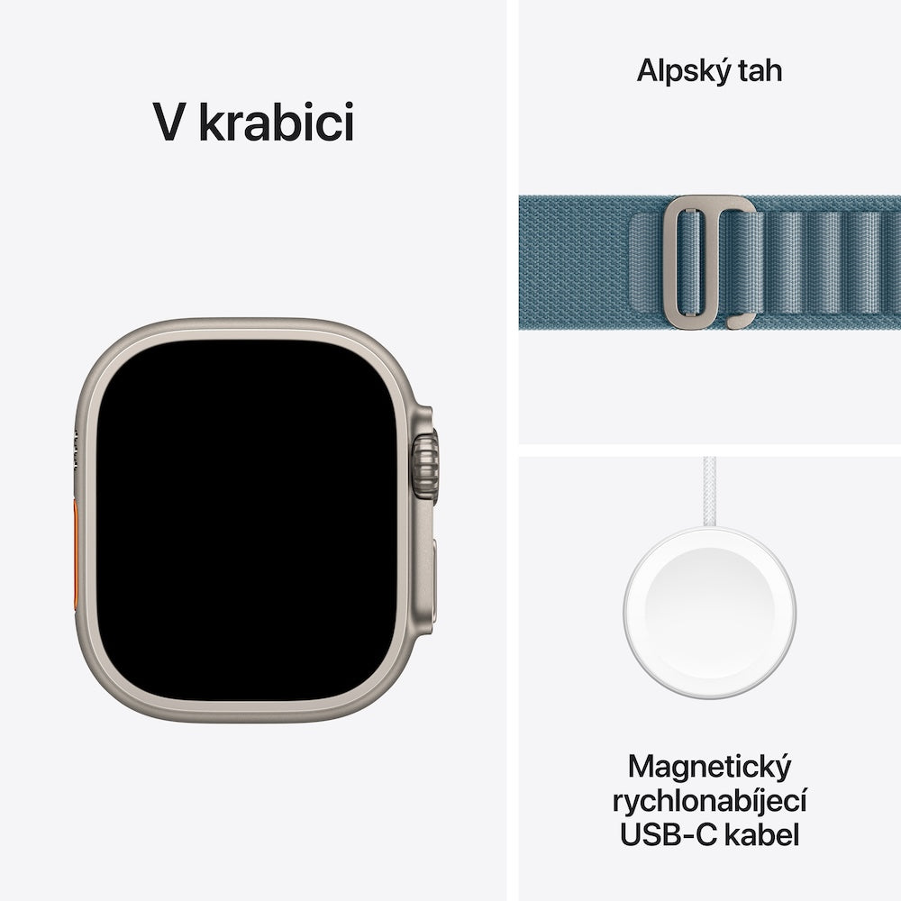 Apple Watch Ultra 3 GPS + Cellular 49mm přírodně titanové pouzdro se světle modrým alpským tahem - L - iSTYLE CZ