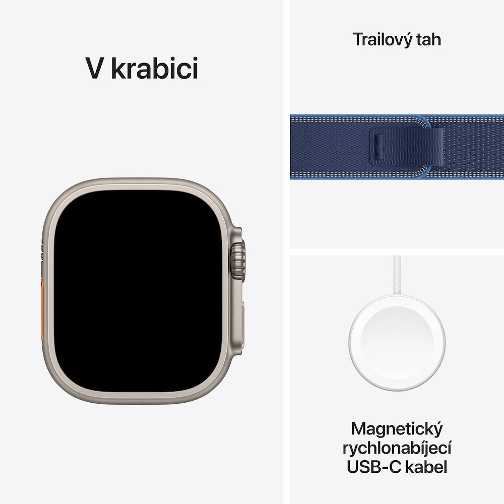 Apple Watch Ultra 3 GPS + Cellular 49mm přírodně titanové pouzdro s modře/jasně modrým trailovým tahem - S/M - iSTYLE CZ